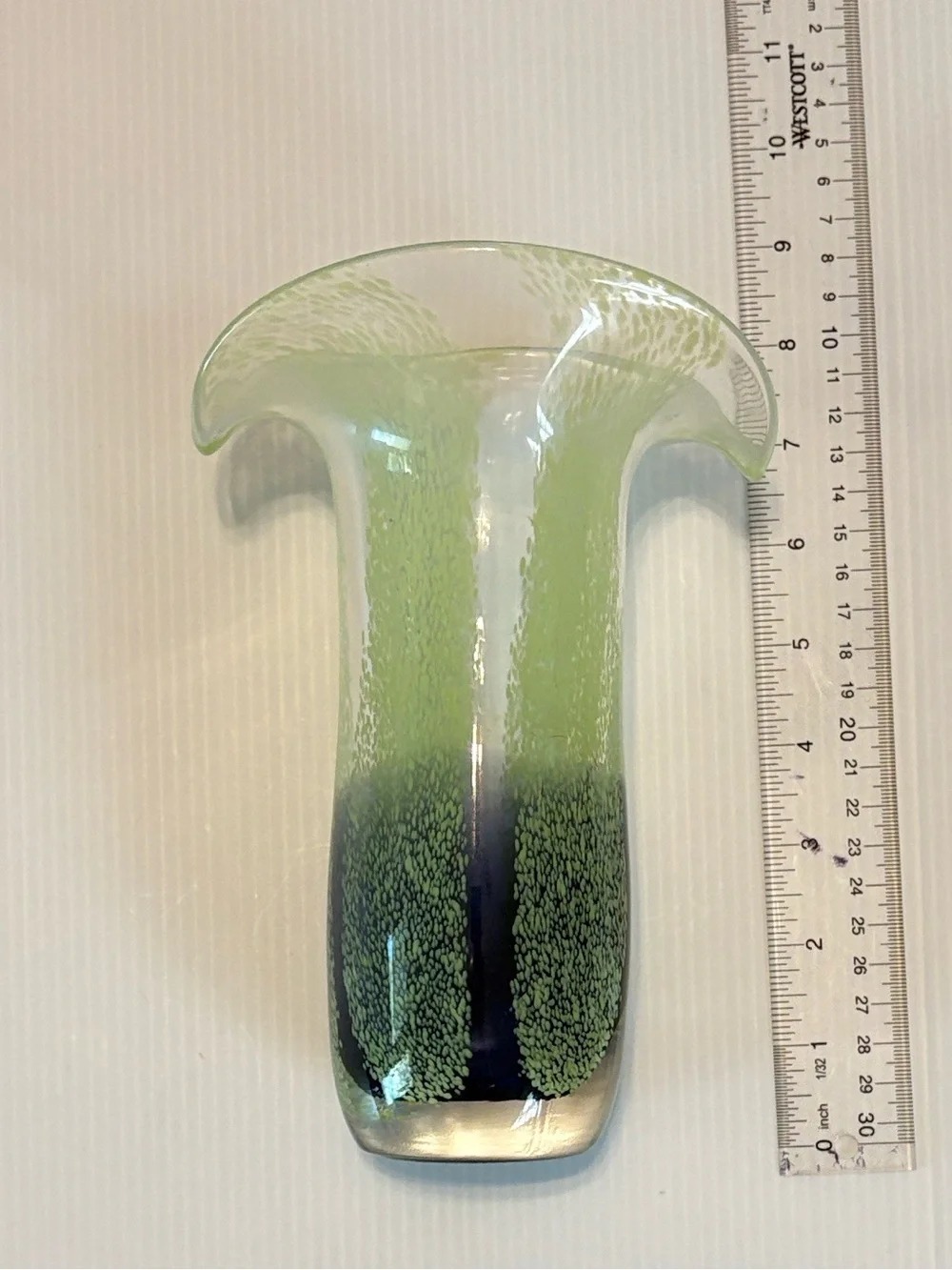 Vintage Hand Blown Teleflora Glass Vase Speckled Green Blue Curved Edge